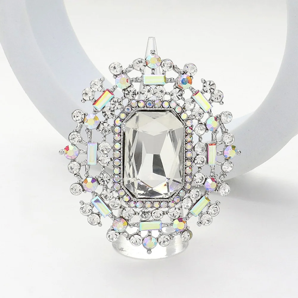 Silver Abalone Crystal Stretch Rectangle Glass Big Large Statement Ring Finger
